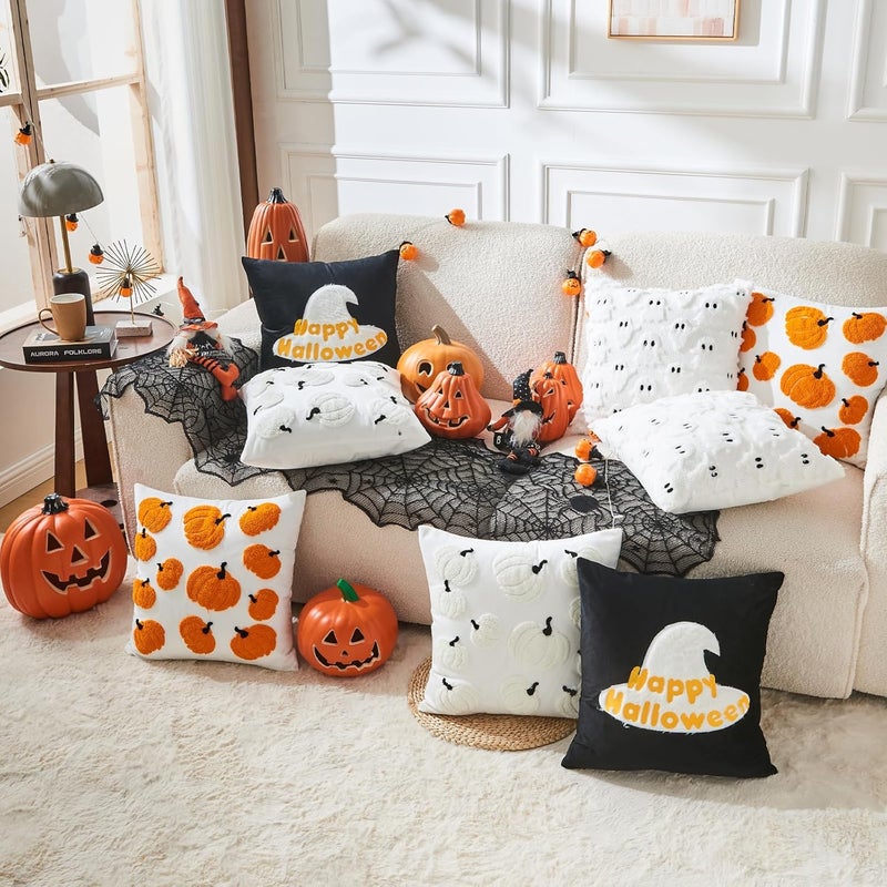 Seoenlin Halloween Pillow Covers 18x18 inch Set of 2 White Throw Pillow Cases Soft Plush Cushion Case for Chair Sofa Bedroom Living Room Home Decor - Image 2